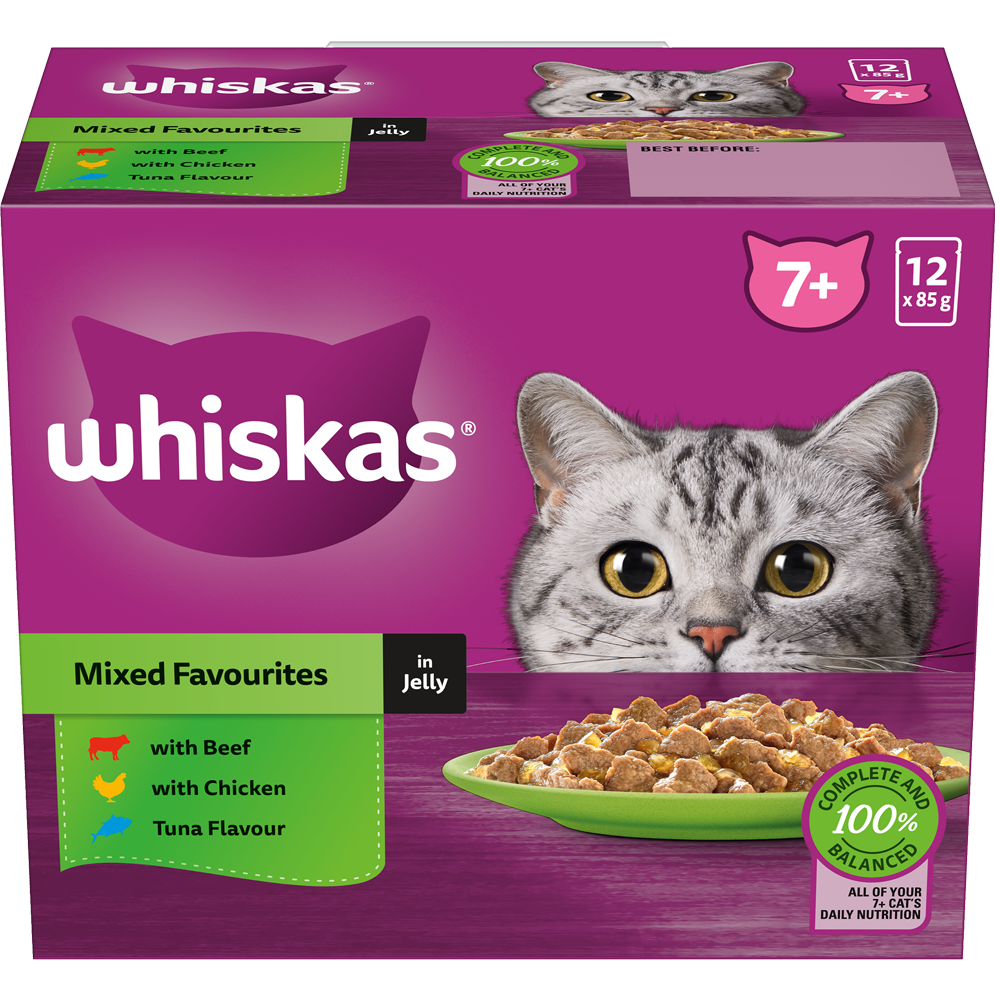 WHISKAS® 7+ Years Adult Wet Cat Food Mixed Favourites In Jelly 12x85g Pouch - 1