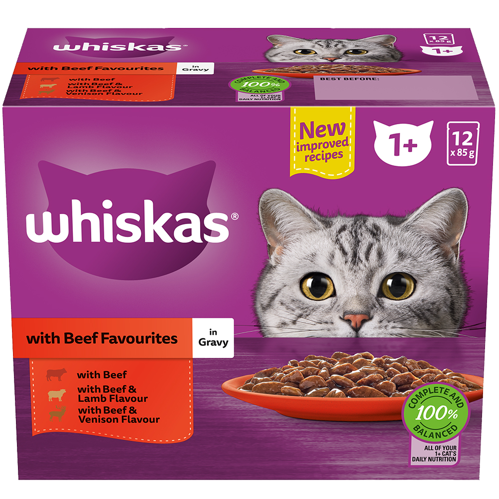 WHISKAS® 1+ Years Adult Wet Cat Food with Beef Favourites In Gravy 12x85g Pouch - 1