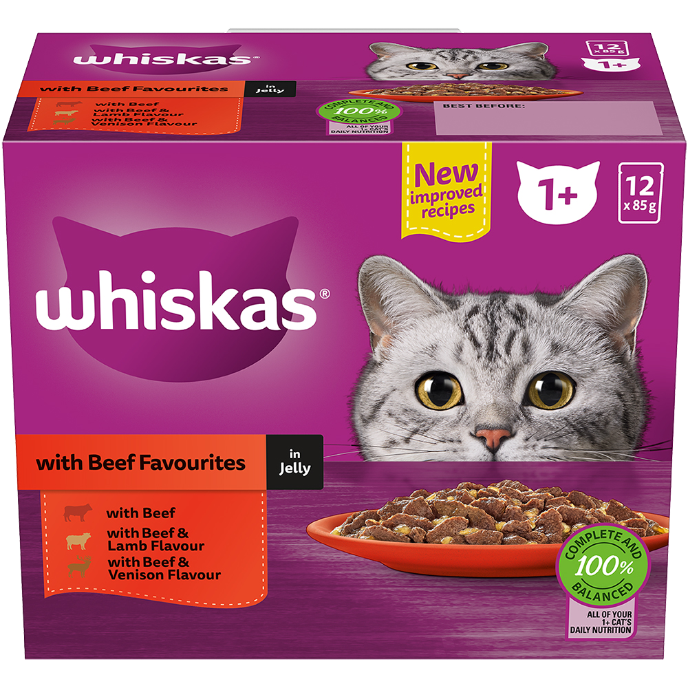 WHISKAS® 1+ Years Adult Wet Cat Food with Beef Favourites In Jelly 12x85g Pouch - 1