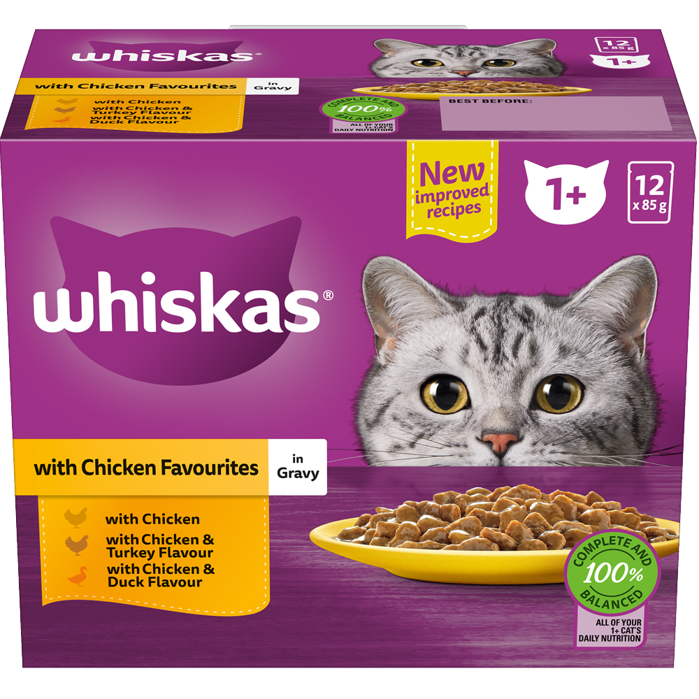 WHISKAS® 1+ Years Adult Wet Cat Food with Chicken Favourites In Gravy 12x85g Pouch - 1