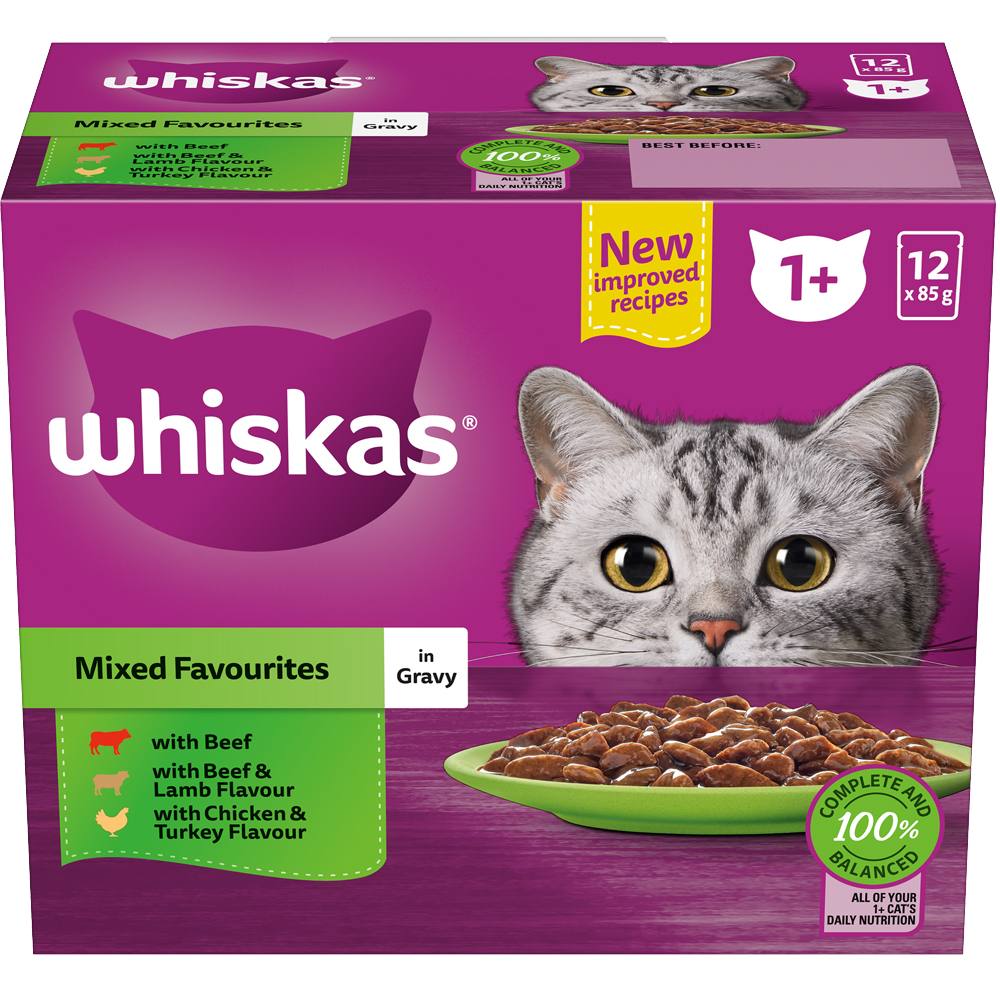 WHISKAS® 1+ Years Adult Wet Cat Food with Mixed Favourites In Gravy 12x85g Pouch - 1