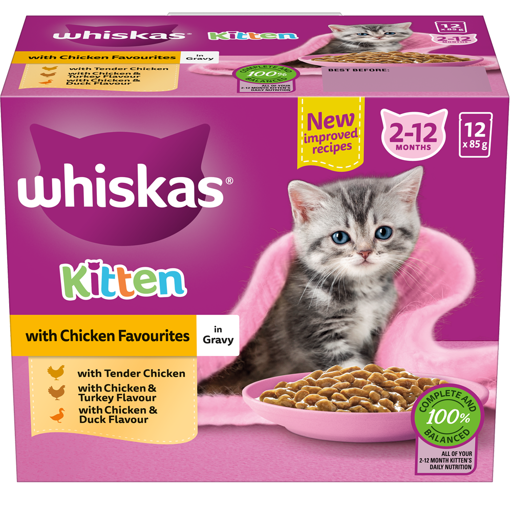 WHISKAS® 2-12 Months Kitten Wet Cat Food with Chicken Favourites In Gravy 12x85g Pouch - 1