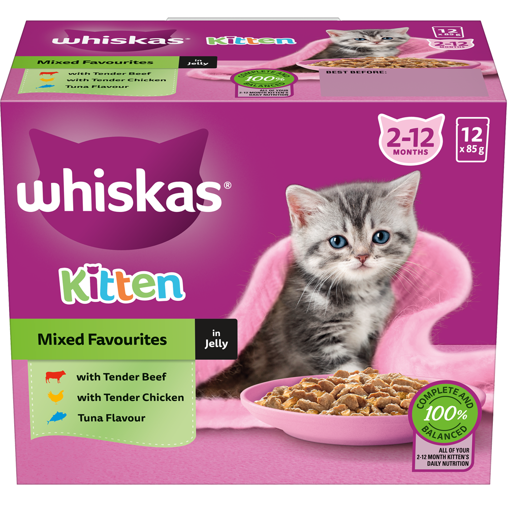 WHISKAS® 2-12 Months Kitten Wet Cat Food with Mixed Favourites In Jelly 12x85g Pouch - 1