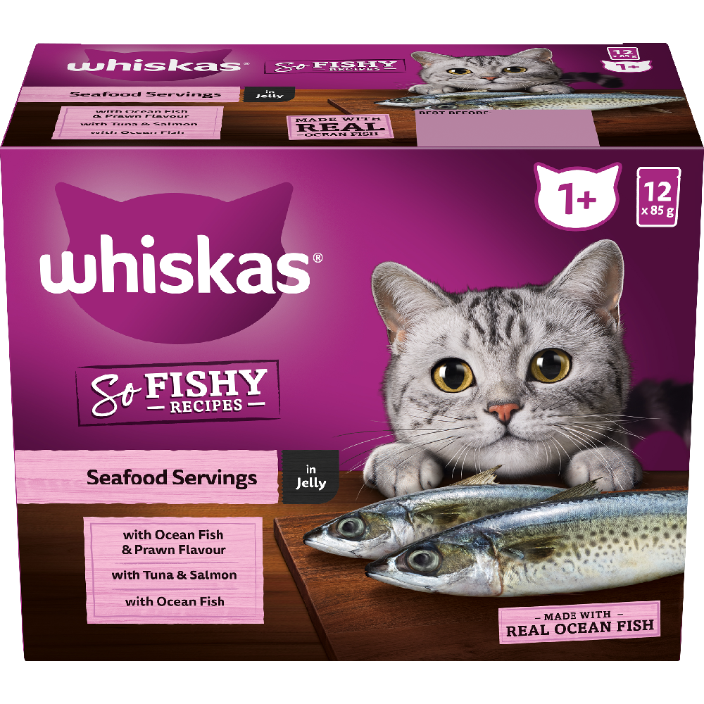 WHISKAS® 1+ Years Adult So Fishy Wet Cat Food with Seafood Servings in Jelly 12x85g Pouch - 1