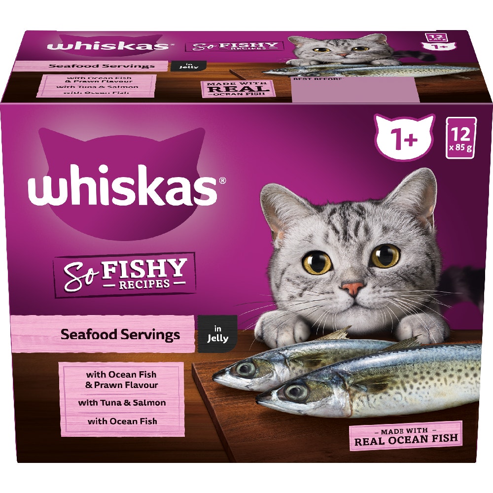 WHISKAS® 1+ Years Adult So Fishy Wet Cat Food with Seafood Servings in Jelly 12x85g Pouch - 1