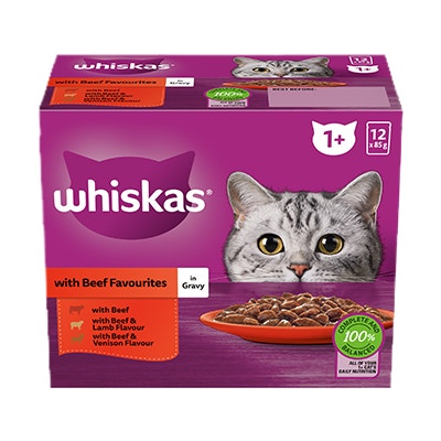 WHISKAS® 1+ Years Adult Wet Cat Food with Beef Favourites In Gravy 12x85g Pouch - 1