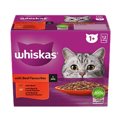 WHISKAS® 1+ Years Adult Wet Cat Food with Beef Favourites In Jelly 12x85g Pouch - 1