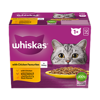 WHISKAS® 1+ Years Adult Wet Cat Food with Chicken Favourites In Gravy 12x85g Pouch - 1