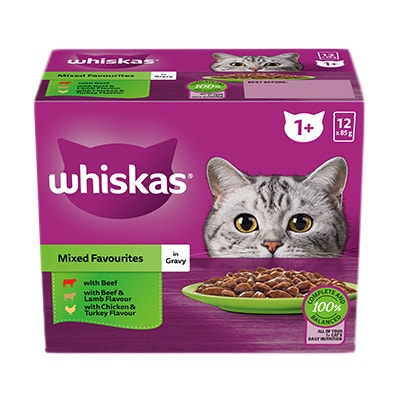 WHISKAS® 1+ Years Adult Wet Cat Food with Mixed Favourites In Gravy 12x85g Pouch - 1