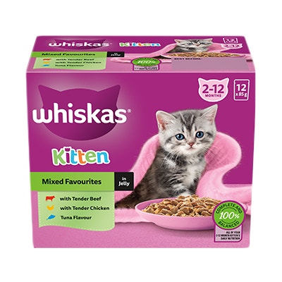 WHISKAS® 2-12 Months Kitten Wet Cat Food with Mixed Favourites In Jelly 12x85g Pouch - 1