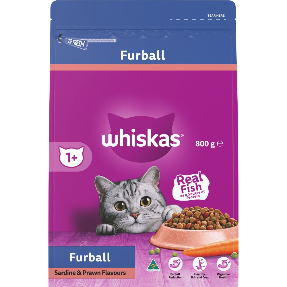 WHISKAS® 1+ Years Adult Furball Dry Cat Food with Sardine & Prawn 800g Bag - 1