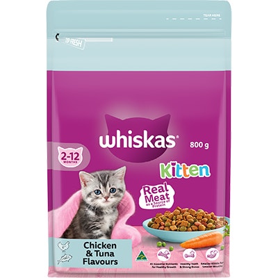 Whiskas 2-12 Months Kitten Dry Food with Chicken & Tuna 800g Bag