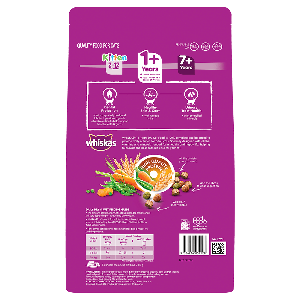 WHISKAS® 1+ Years Adult Dry Cat Food with Chicken & Turkey 1.8kg Bag - 2