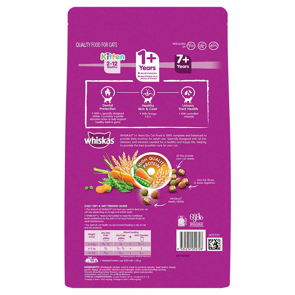 WHISKAS® 1+ Years Adult Dry Cat Food with Chicken & Turkey 1.8kg Bag - 2