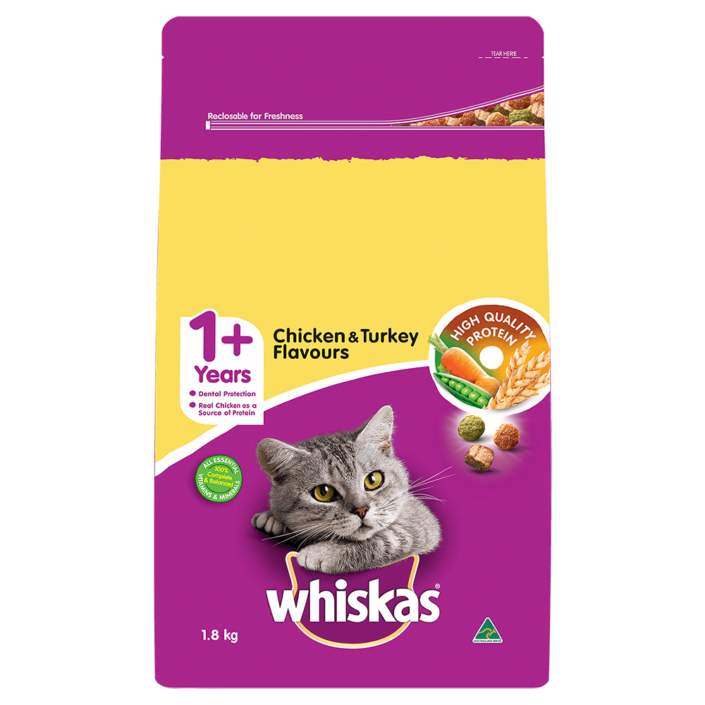 WHISKAS® 1+ Years Adult Dry Cat Food with Chicken & Turkey 1.8kg Bag - 1
