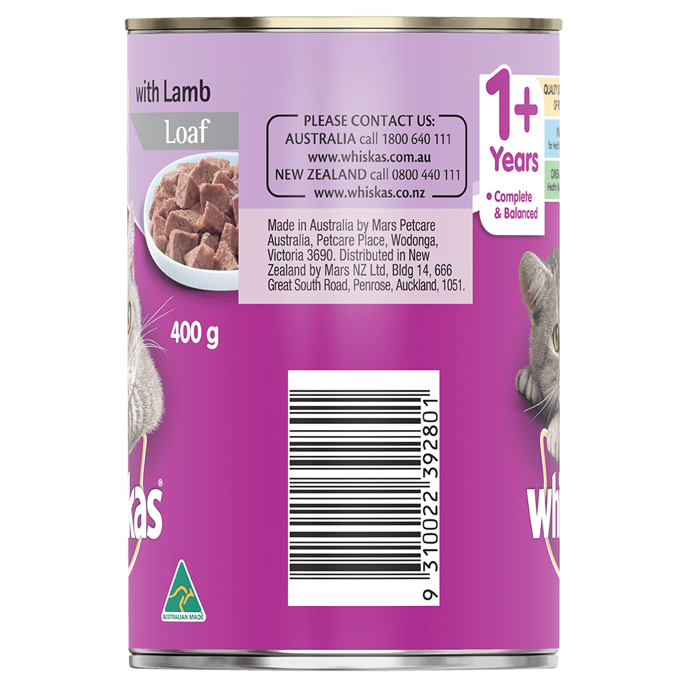 WHISKAS® 1+ Years Adult Wet Cat Food with Lamb Loaf 400g Can - 2