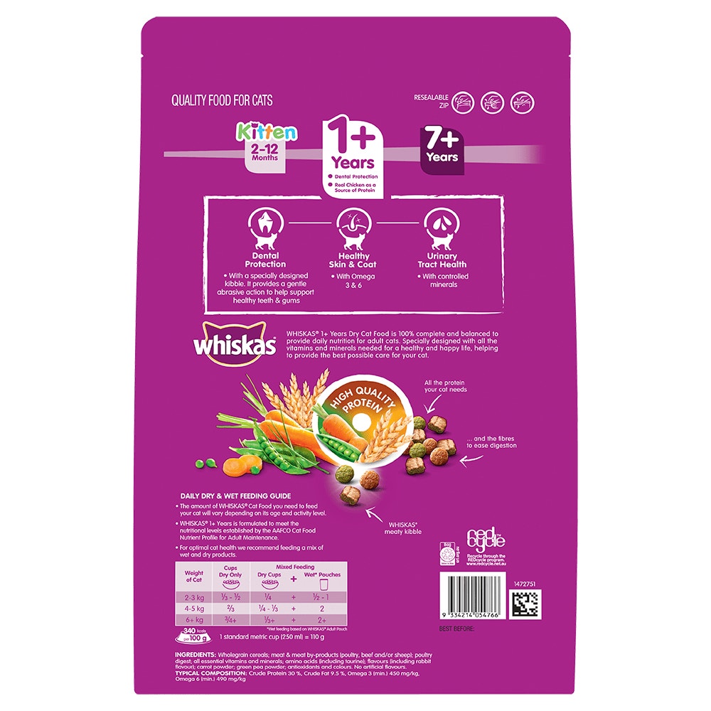 WHISKAS® 1+ Years Adult Dry Cat Food with Chicken & Rabbit Flavours