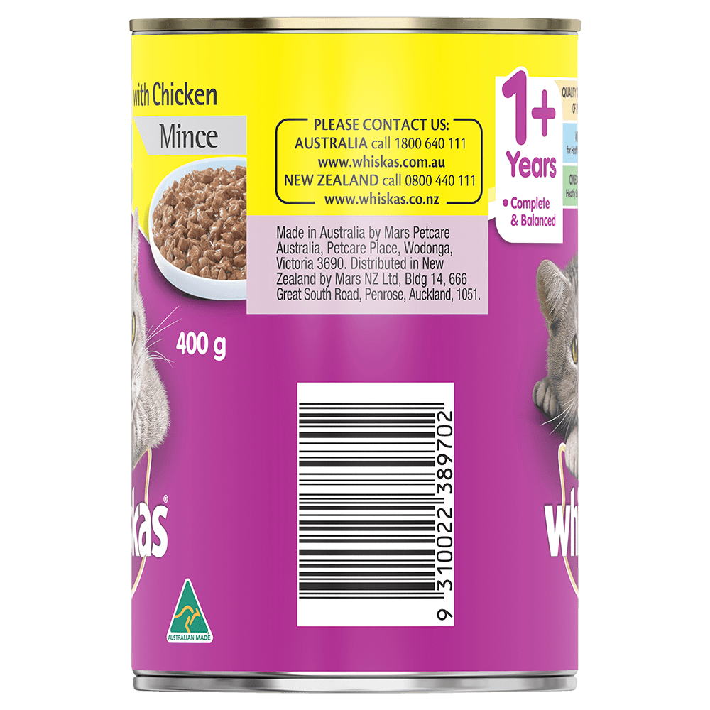 WHISKAS® 1+ Years Adult Wet Cat Food with Chicken Mince 400g Can - 2
