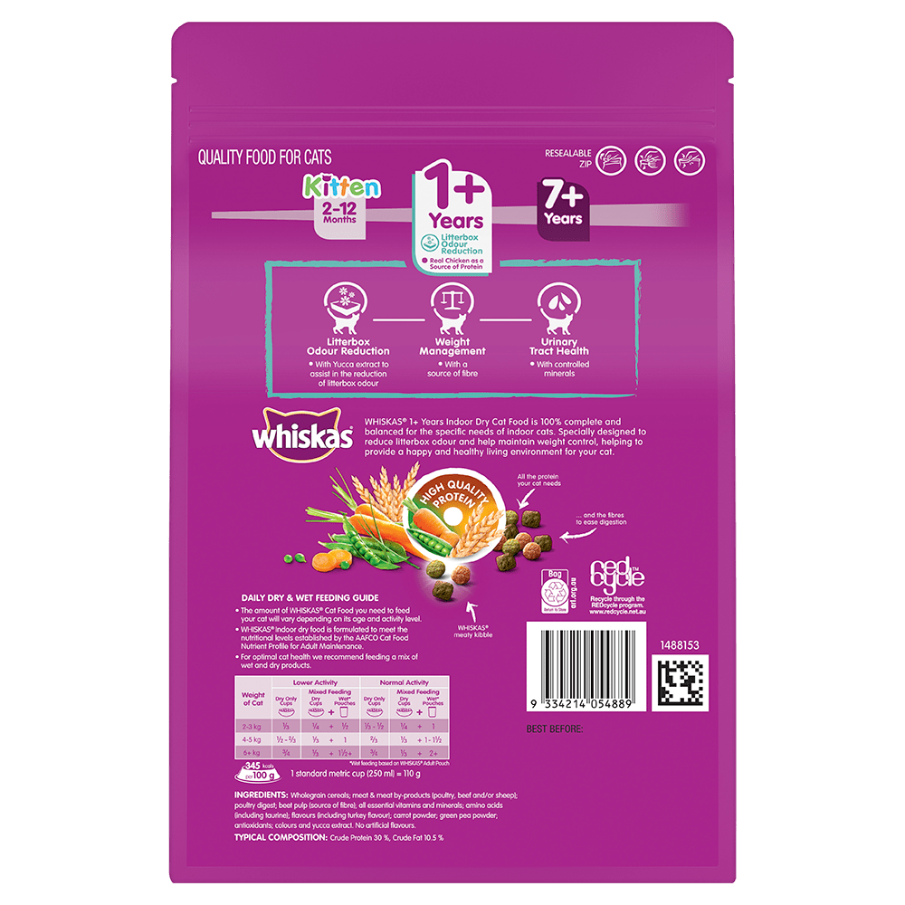 WHISKAS® 1+ Years Adult Indoor Dry Cat Food with Chicken & Turkey 800g Bag - 2