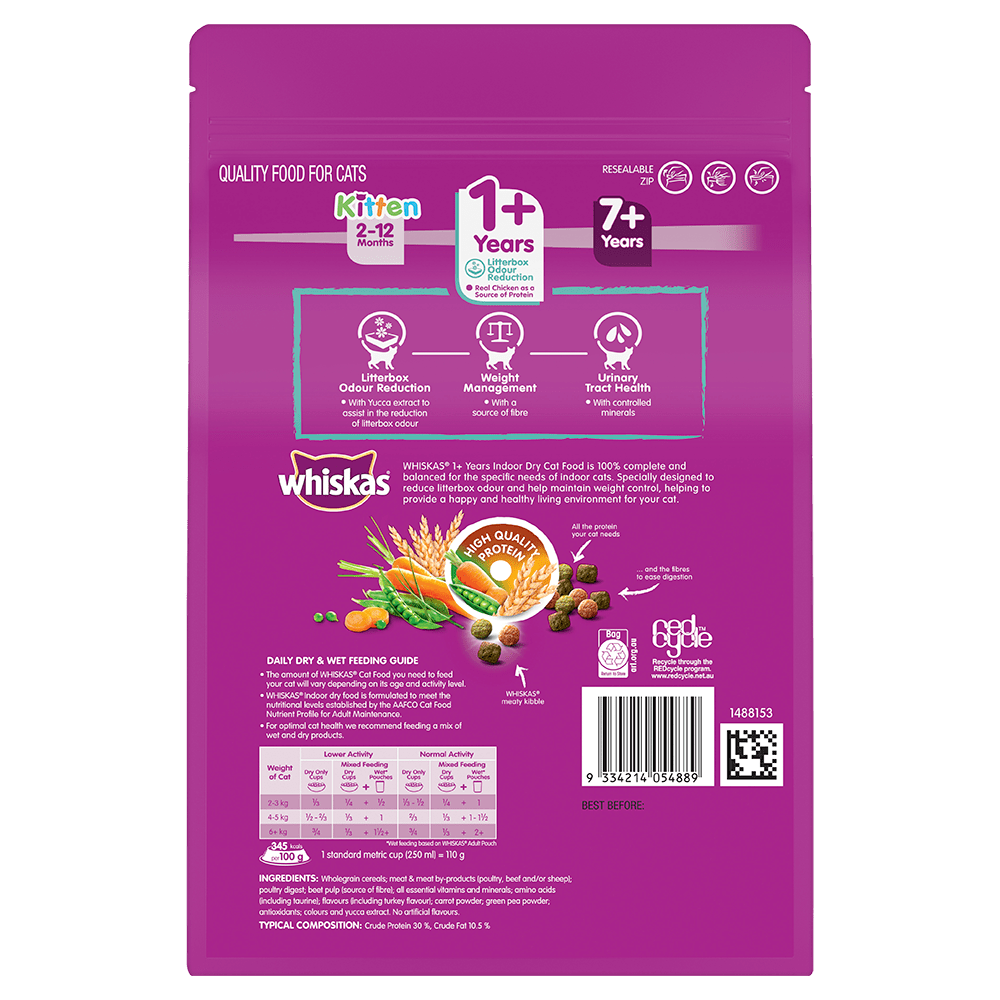 Indoor Adult Dry Cat Food with Chicken Turkey WHISKAS AU