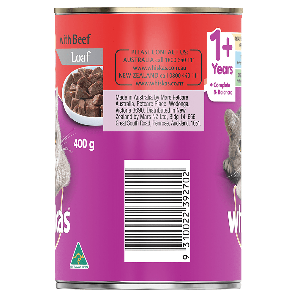 WHISKAS® 1+ Years Adult Wet Cat Food with Beef Loaf 400g Can - 2