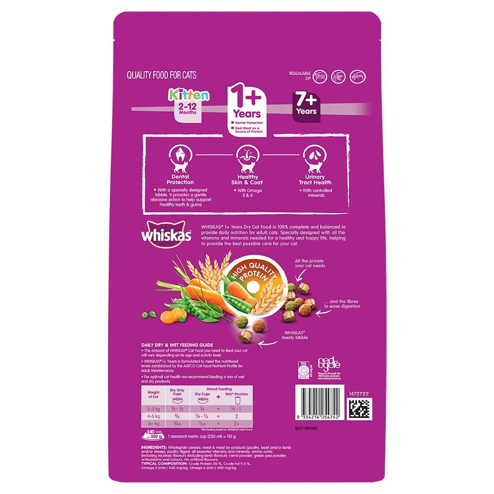 WHISKAS® 1+ Years Adult Dry Cat Food with Beef & Lamb Flavours
