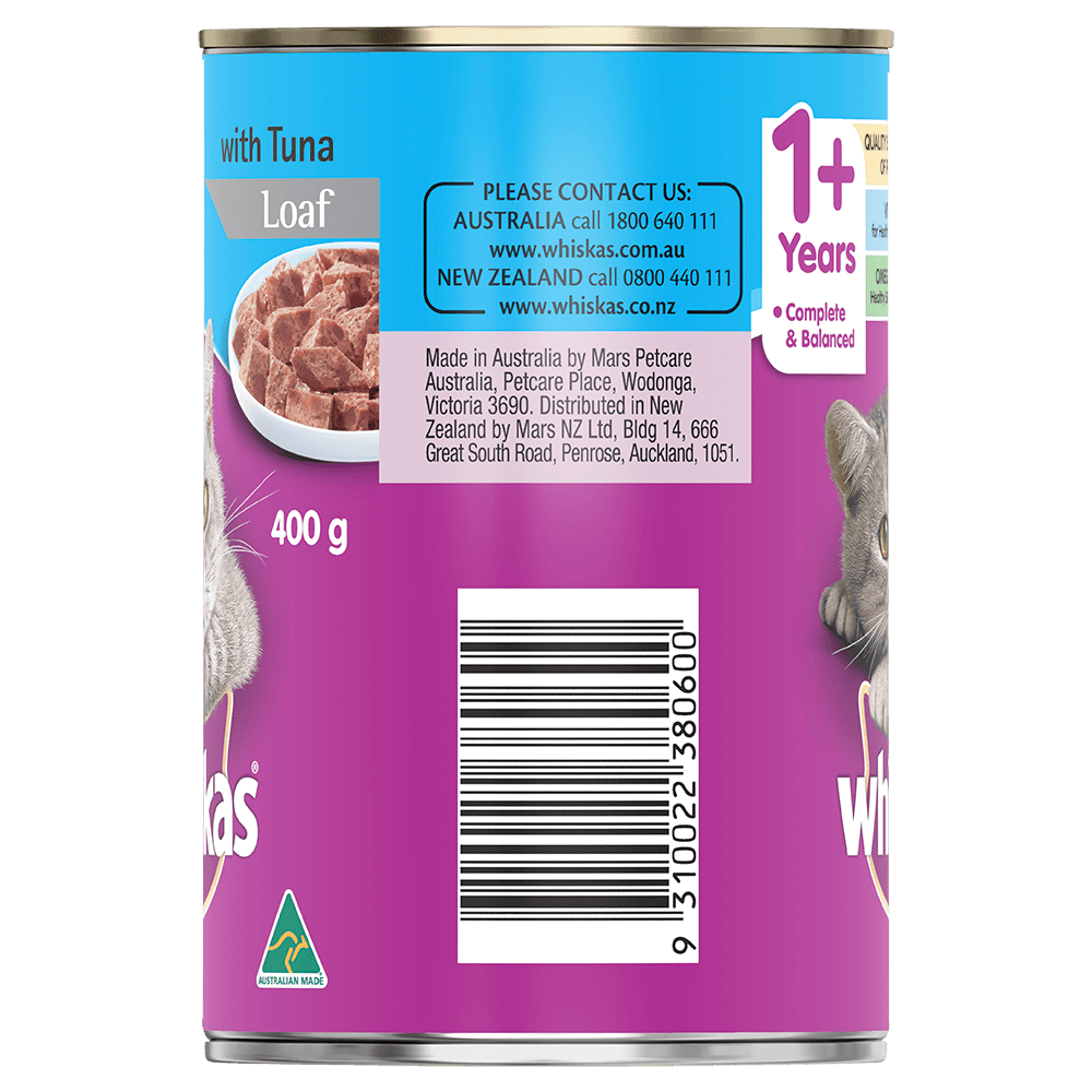 WHISKAS® 1+ Years Adult Wet Cat Food with Tuna Loaf 400g Can - 2