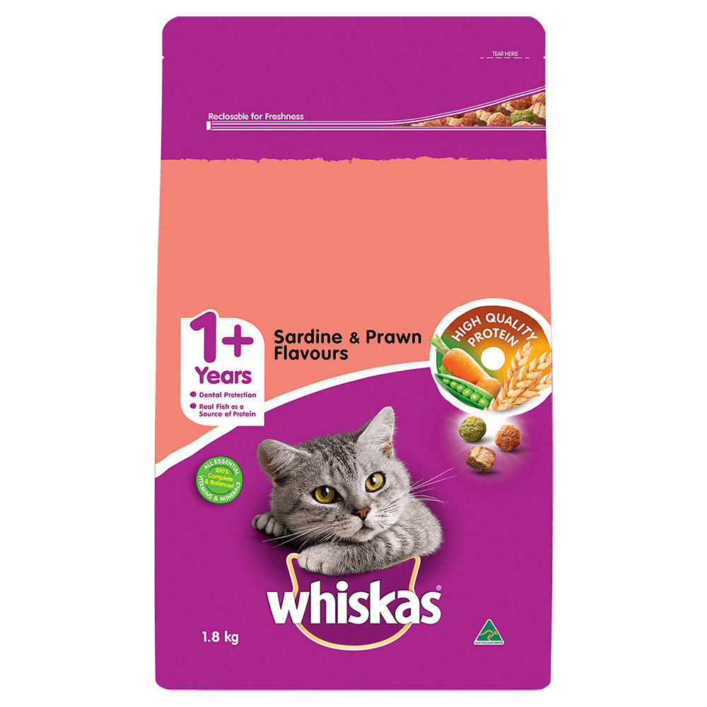 WHISKAS® 1+ Years Adult Dry Cat Food with Sardine & Prawn 1.8kg Bag - 1