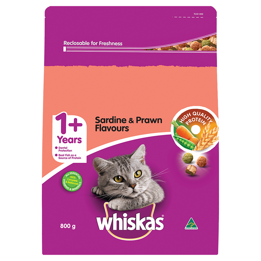 WHISKAS® 1+ Years Adult Furball Dry Cat Food with Sardine & Prawn 800g Bag - 1