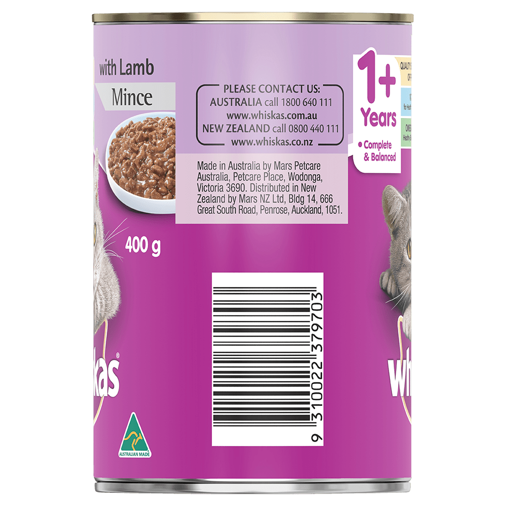 WHISKAS® 1+ Years Adult Wet Cat Food with Lamb Mince 400g Can - 2