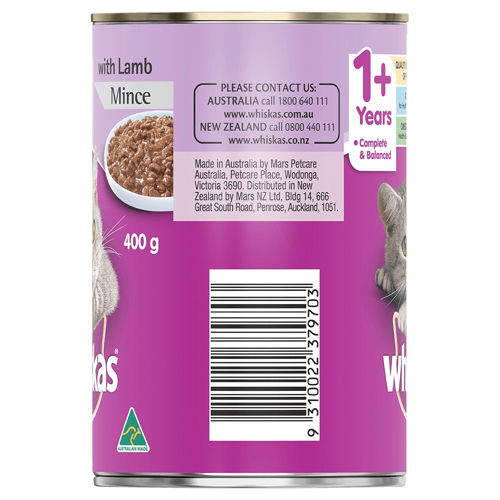 WHISKAS® 1+ Years Adult Wet Cat Food with Lamb Mince 400g Can - 2