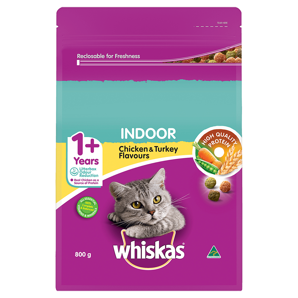 WHISKAS® 1+ Years Adult Indoor Dry Cat Food with Chicken & Turkey 800g Bag - 1