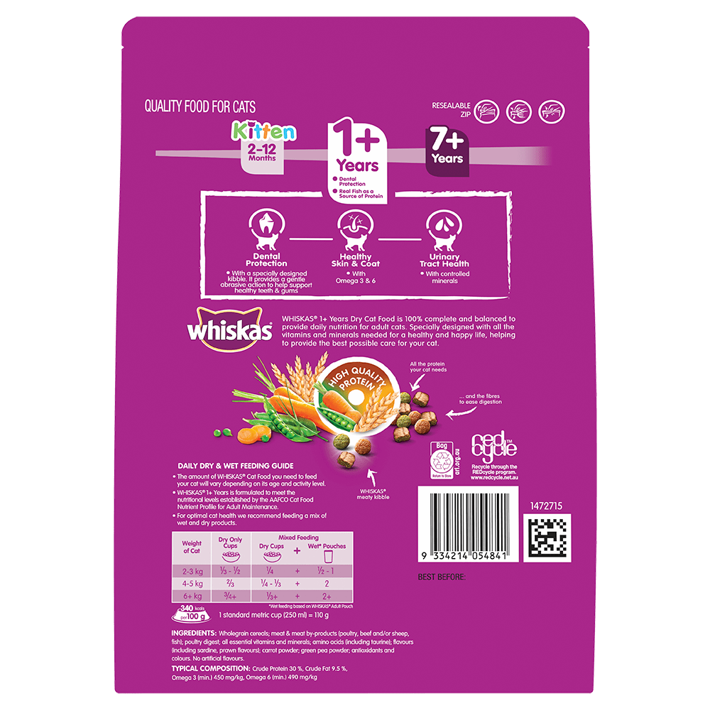 WHISKAS® 1+ Years Adult Furball Dry Cat Food with Sardine & Prawn 800g Bag - 2