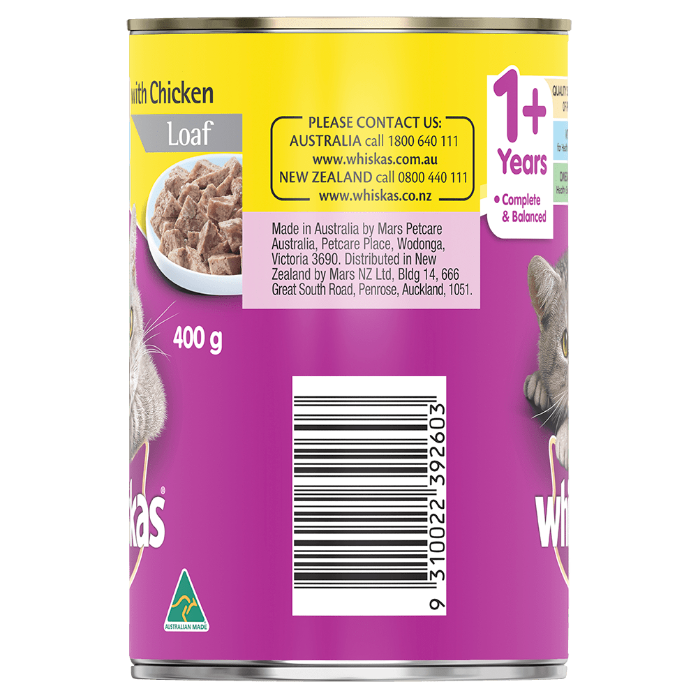 WHISKAS® 1+ Years Adult Wet Cat Food with Chicken Loaf 400g Can - 2