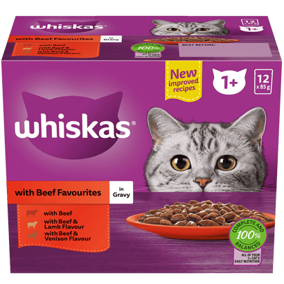 WHISKAS® 1+ Years Adult Wet Cat Food with Beef Favourites In Gravy 12x85g Pouch