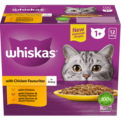 WHISKAS® 1+ Years Adult Wet Cat Food with Chicken Favourites In Gravy 12x85g Pouch