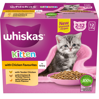 WHISKAS® 2-12 Months Kitten Wet Cat Food with Chicken Favourites In Gravy 12x85g Pouch