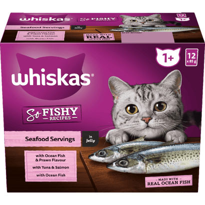 WHISKAS® 1+ Years Adult So Fishy Wet Cat Food with Seafood Servings in Jelly 12x85g Pouch