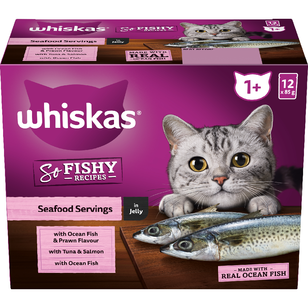 WHISKAS® 1+ Years Adult So Fishy Wet Cat Food with Seafood Servings in Jelly 12x85g Pouch