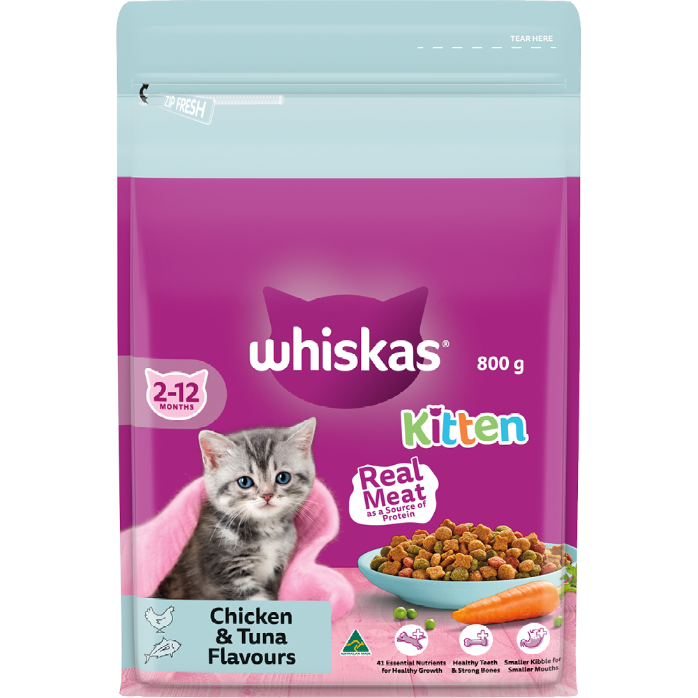 WHISKAS® 2-12 Months Kitten Dry Food with Chicken & Tuna 800g Bag