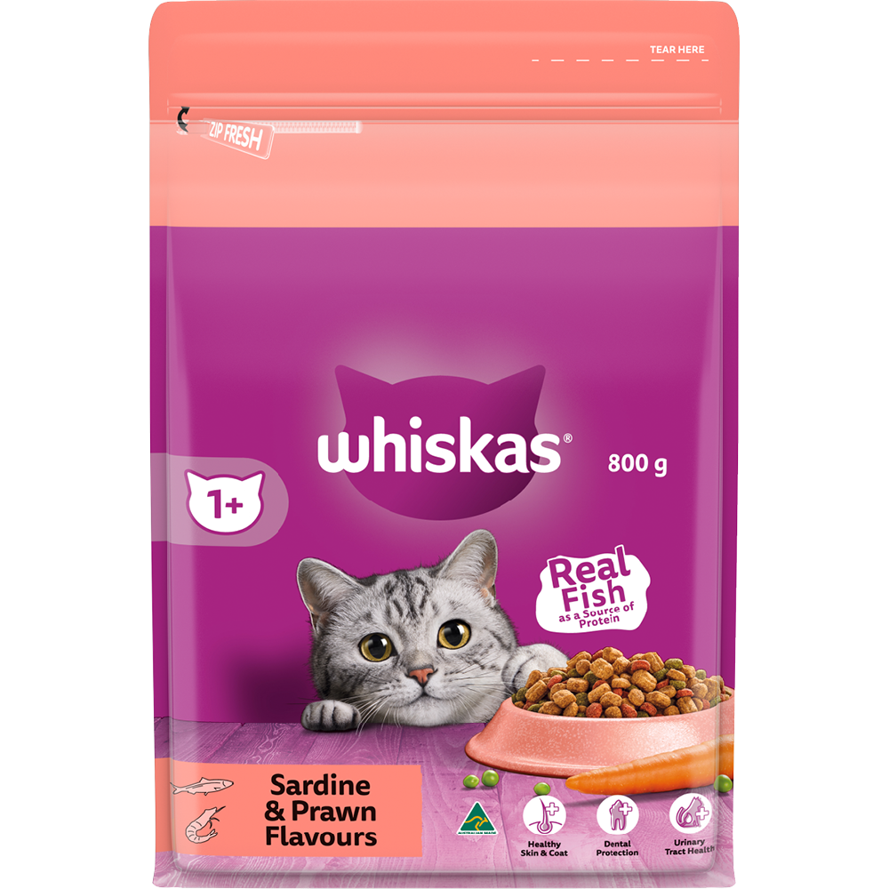 WHISKAS® 1+ Years Adult Dry Cat Food with Sardine & Prawn Flavour
