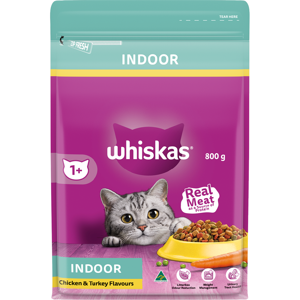 WHISKAS® 1+ Years Adult Indoor Dry Cat Food with Chicken & Turkey 800g Bag