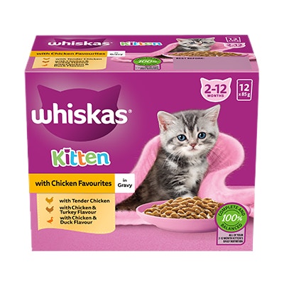 WHISKAS® 2-12 Months Kitten Wet Cat Food with Chicken Favourites In Gravy 12x85g Pouch