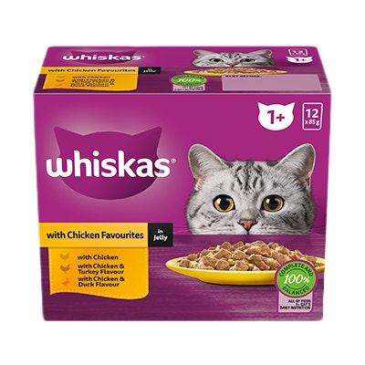 WHISKAS® 1+ Years Adult Wet Cat Food with Chicken Favourites In Jelly 12x85 Pouch