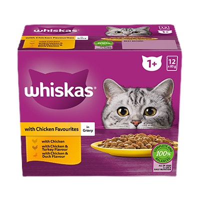 WHISKAS® 1+ Years Adult Wet Cat Food with Chicken Favourites In Gravy 12x85g Pouch