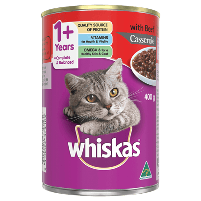 WHISKAS® 1+ Years Adult Wet Cat Food with Beef Casserole 400g Can