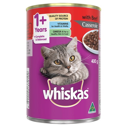 WHISKAS® 1+ Years Adult Wet Cat Food with Beef Casserole 400g Can