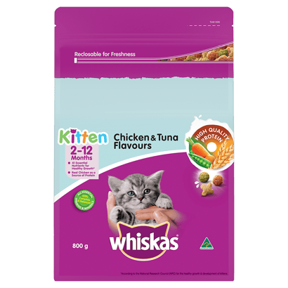 WHISKAS® 2-12 Months Kitten Dry Food with Chicken & Tuna 800g Bag
