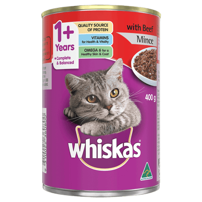 WHISKAS® 1+ Years Adult Wet Cat Food with Beef Mince 400g Can