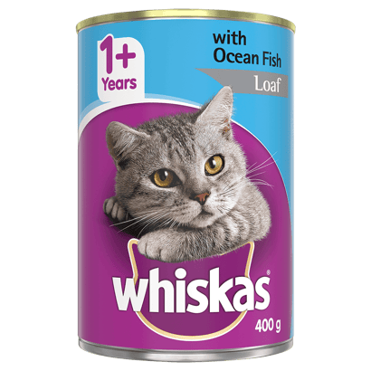 WHISKAS® 1+ Years Adult Wet Cat Food with Ocean Fish Loaf 400g Can